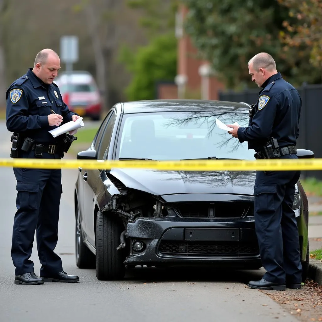 Police officers and investigators at the scene of a car accident.