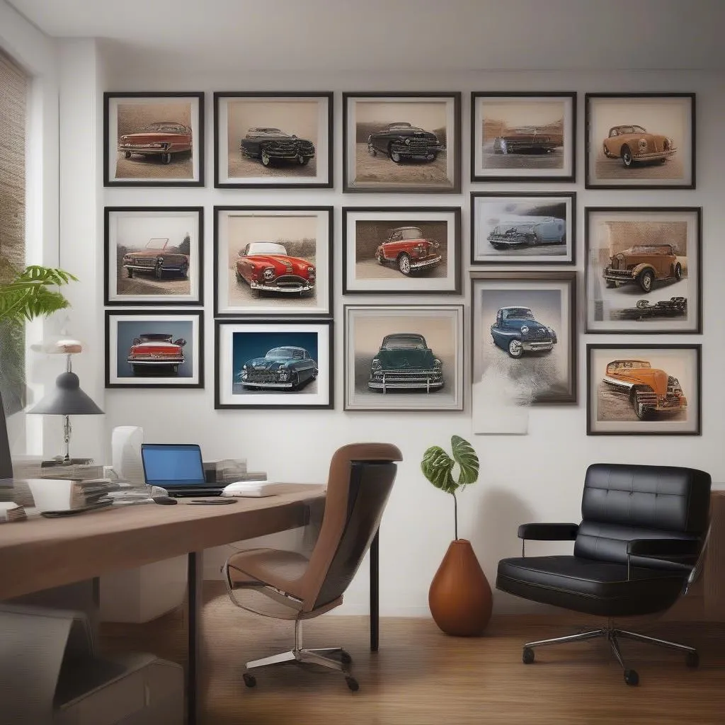 A Collection of Car Art Prints in a Home Office