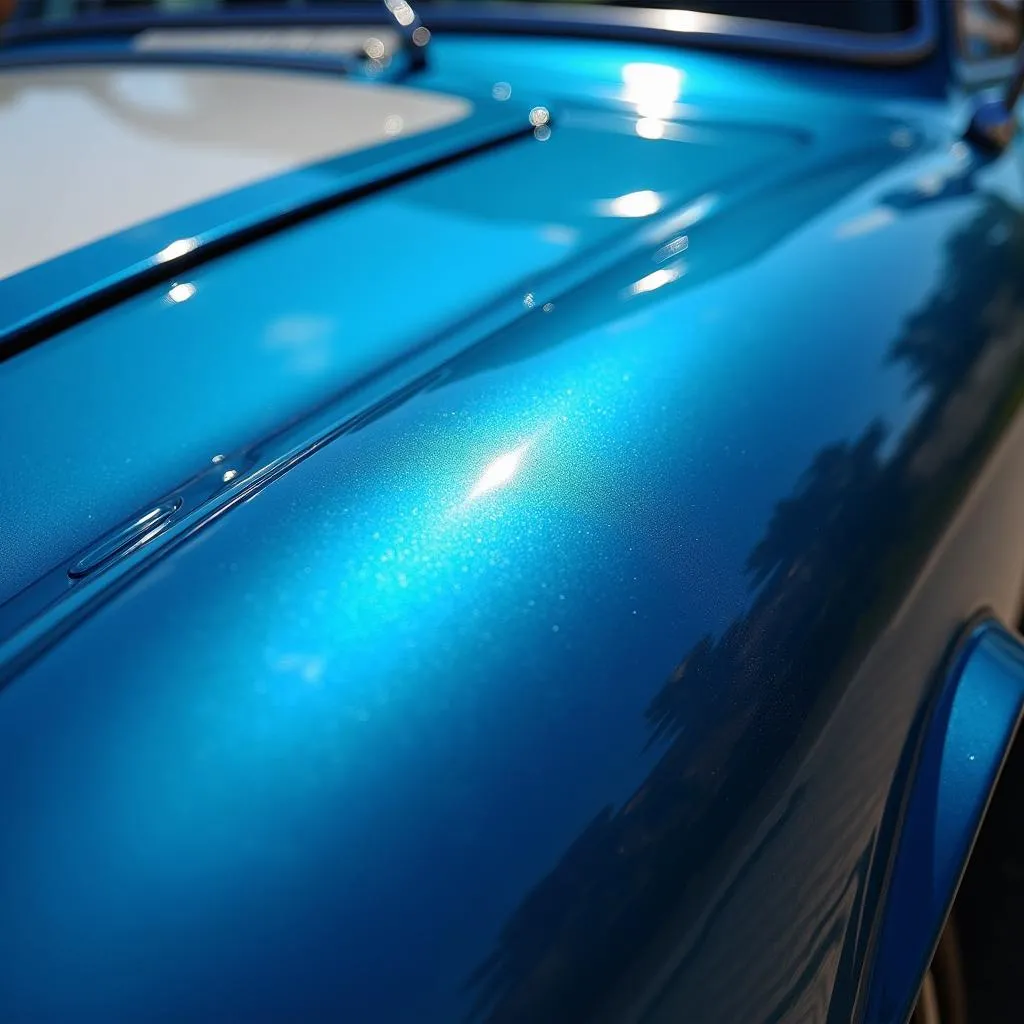 Car with blue metallic paint sparkling in sunlight