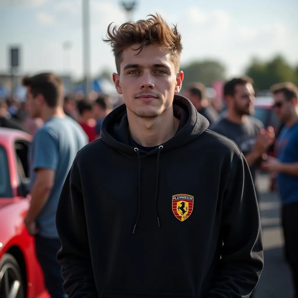 Car enthusiast wearing a car brand hoodie in a crowd