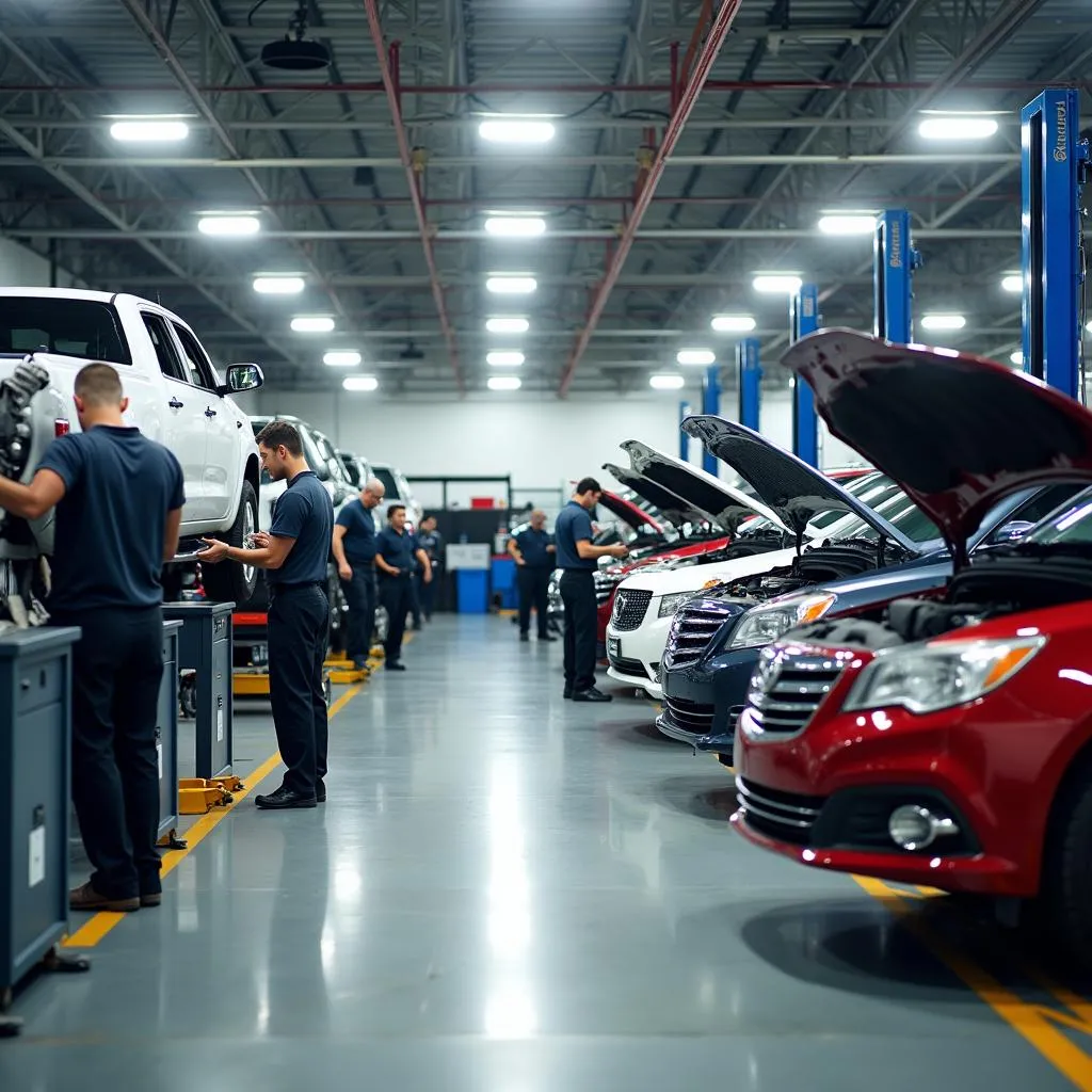 Busy car dealership service center with mechanics working on vehicles.