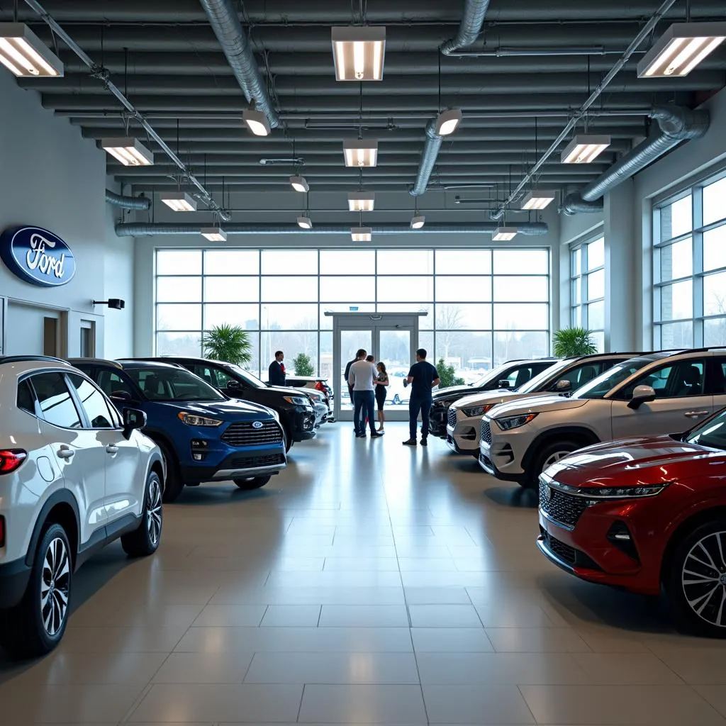 Modern car dealership showroom with a variety of vehicles on display.