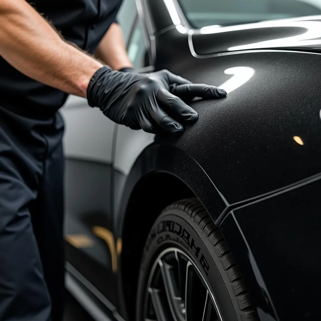 Car Detailing Professional Applying Black Velvet Wrap to Vehicle