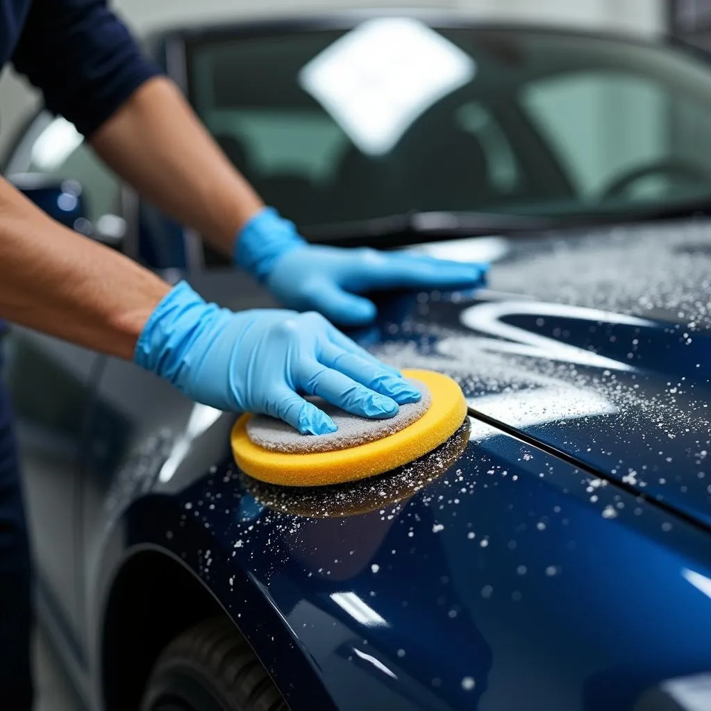 Car detailing professional meticulously applying wax to a vehicle