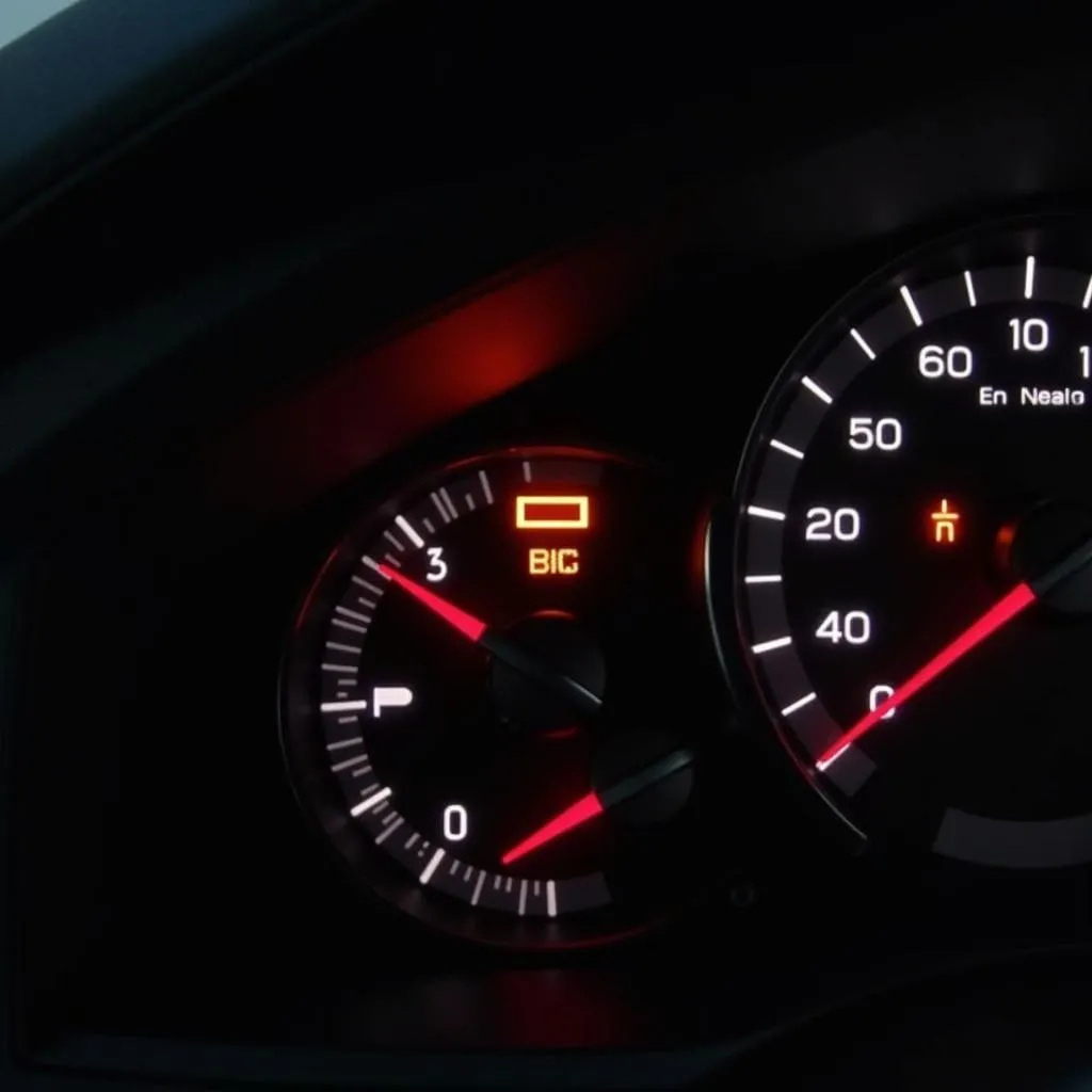 Car dashboard with warning lights illuminated