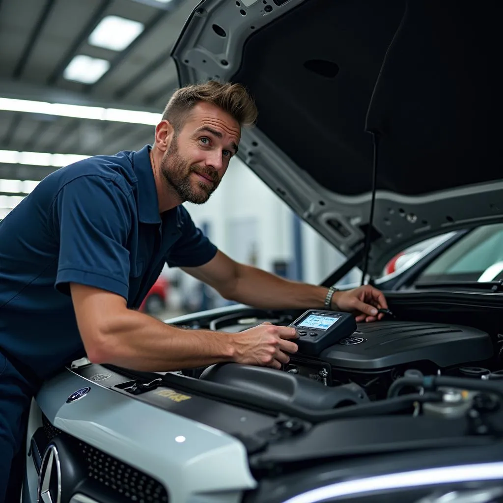 Car engine diagnostics in progress