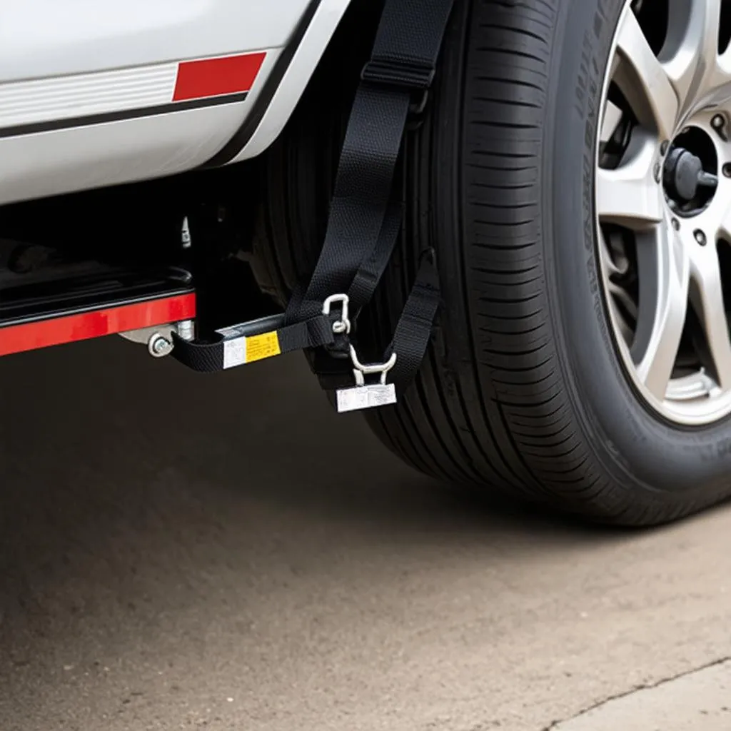 Car hauler tie down bar in use