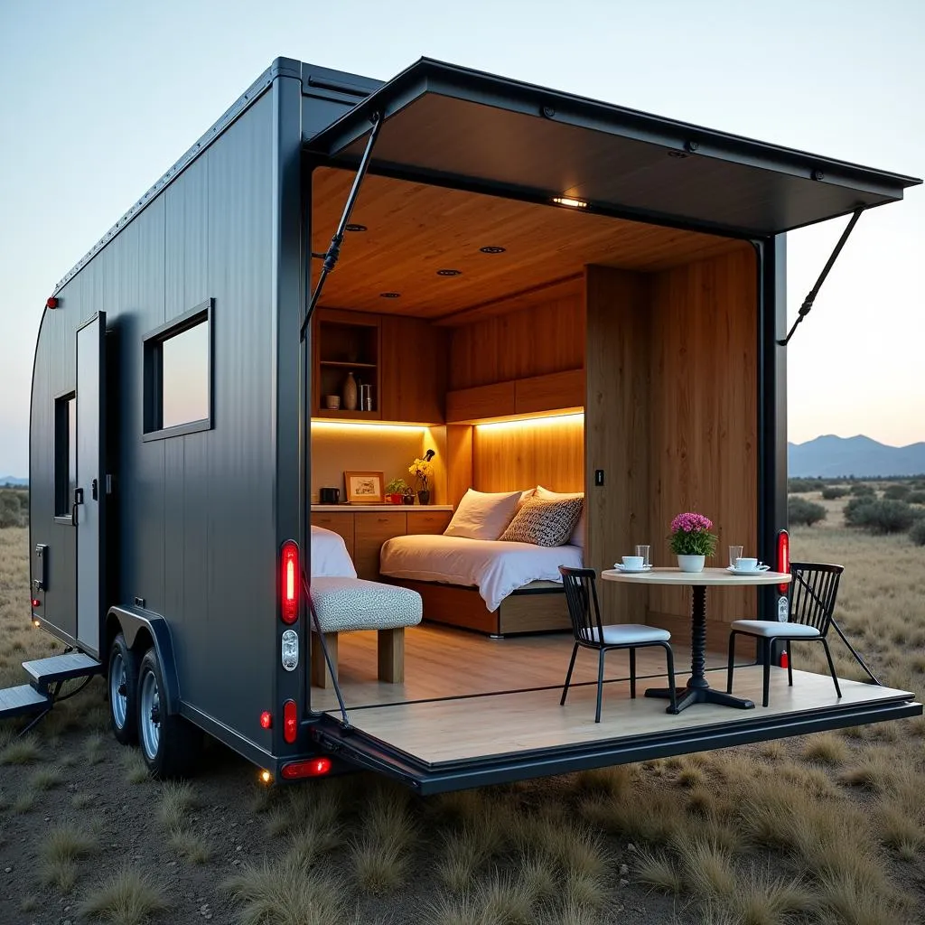 Spacious and well-equipped interior of a car hauler with living quarters.