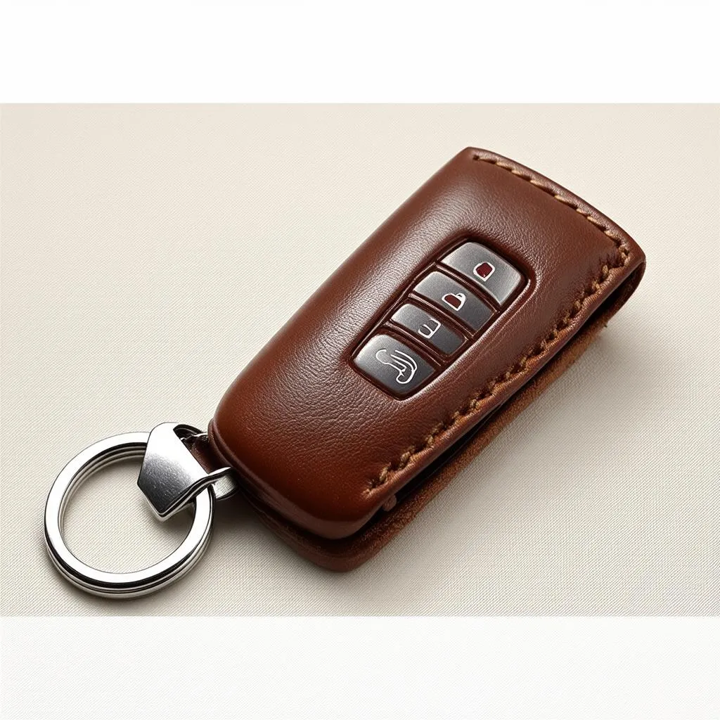 Close up of a luxurious car key ring made from high-quality, brown leather, showcasing its stitching and texture.