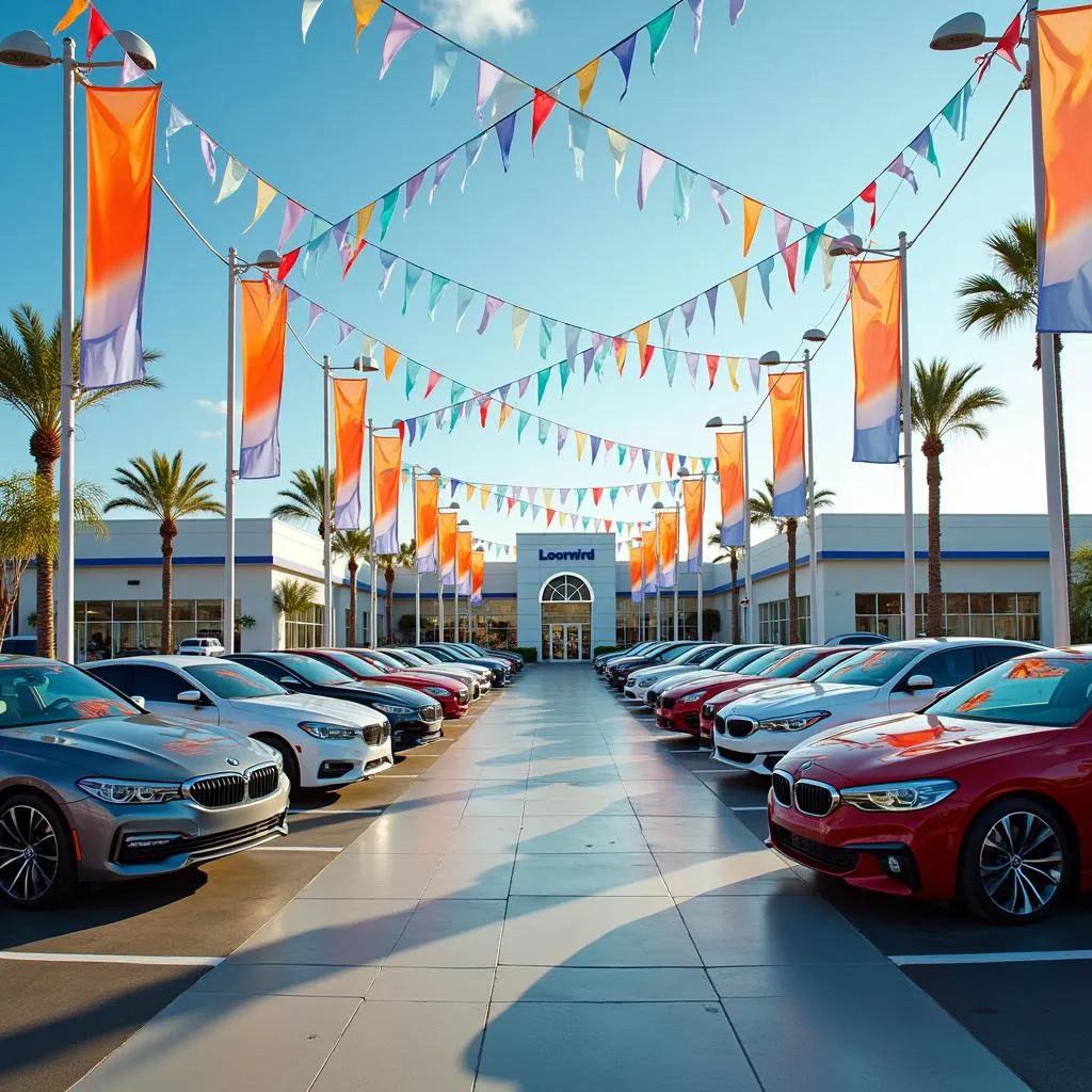 Car Lot Decorated with Flags and Banners