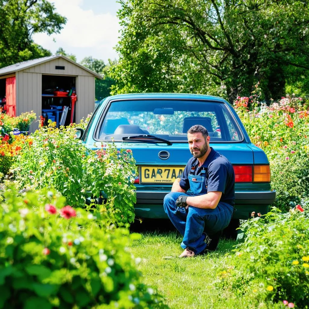 car mechanic with a garden