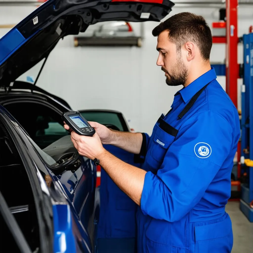 Mechanic inspecting a car in a repair shop