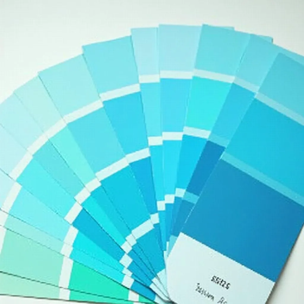 Automotive paint sample cards with various shades of Tiffany blue