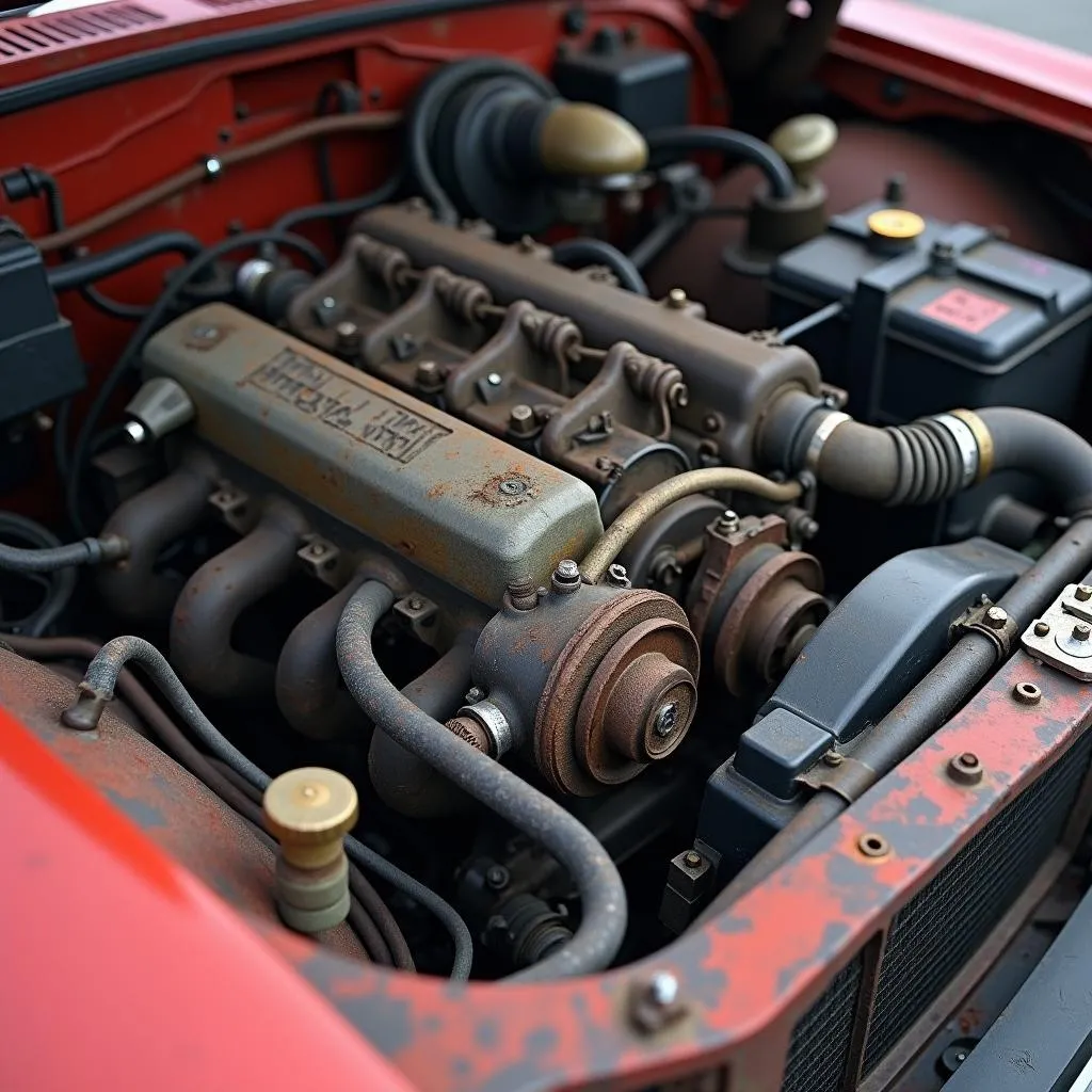 Car engine in a state of disrepair