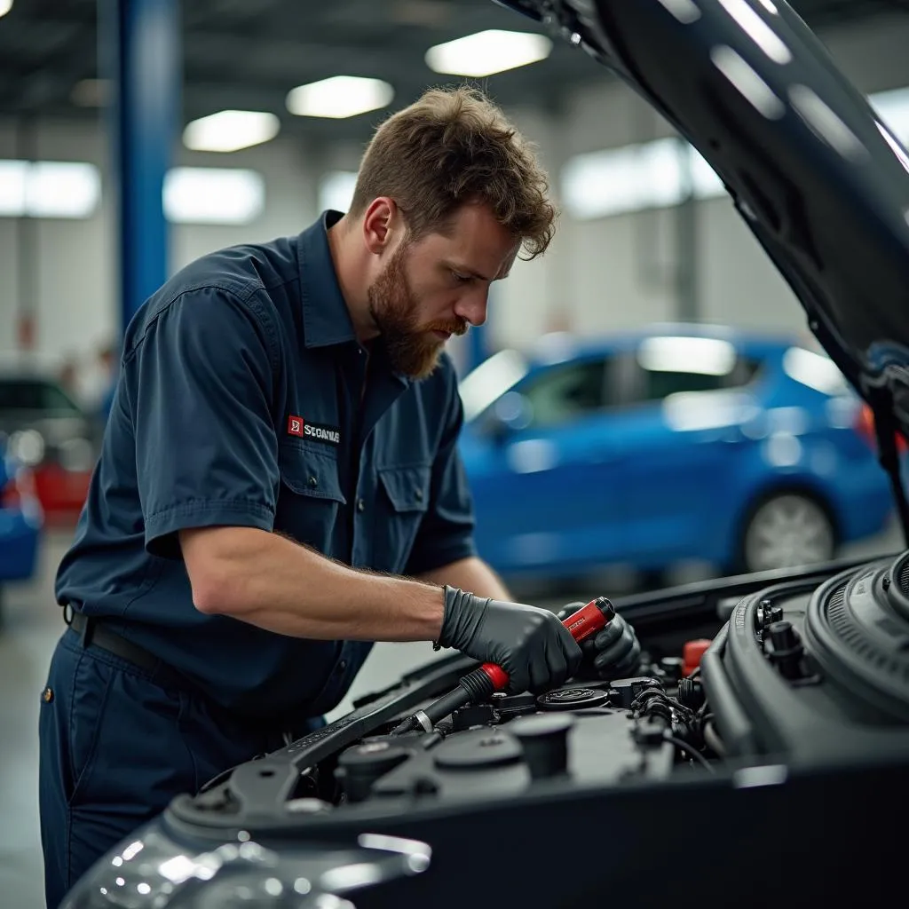 A car mechanic inspecting a car engine