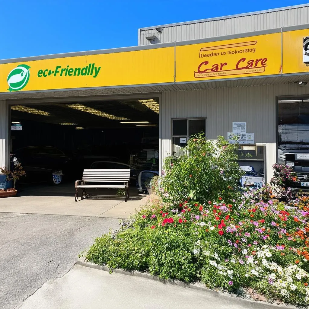 car repair shop with a garden