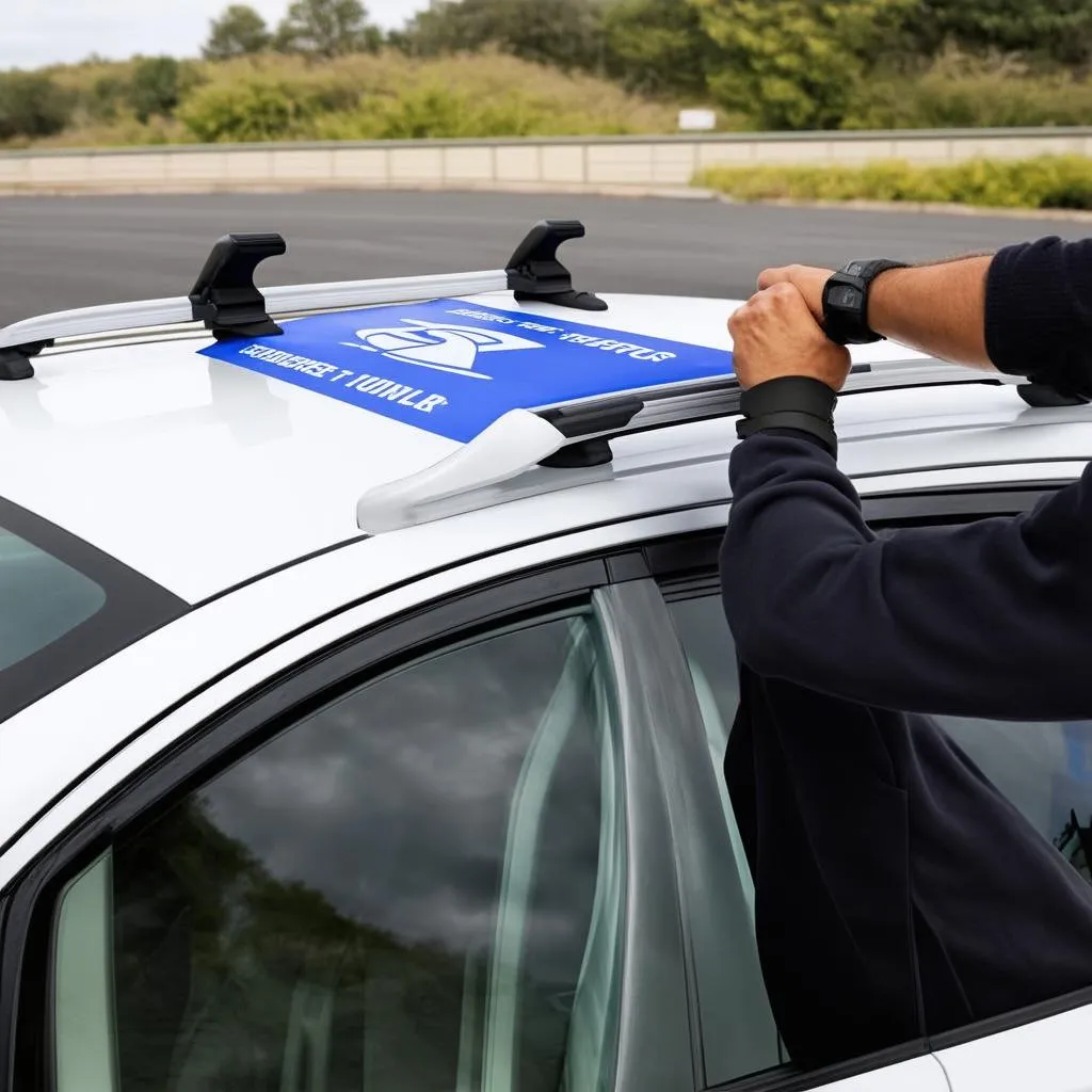 installing a car roof sign on a car