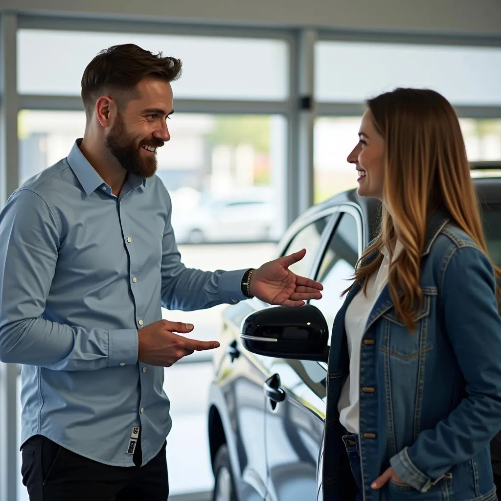 Car salesperson showing a car to a customer