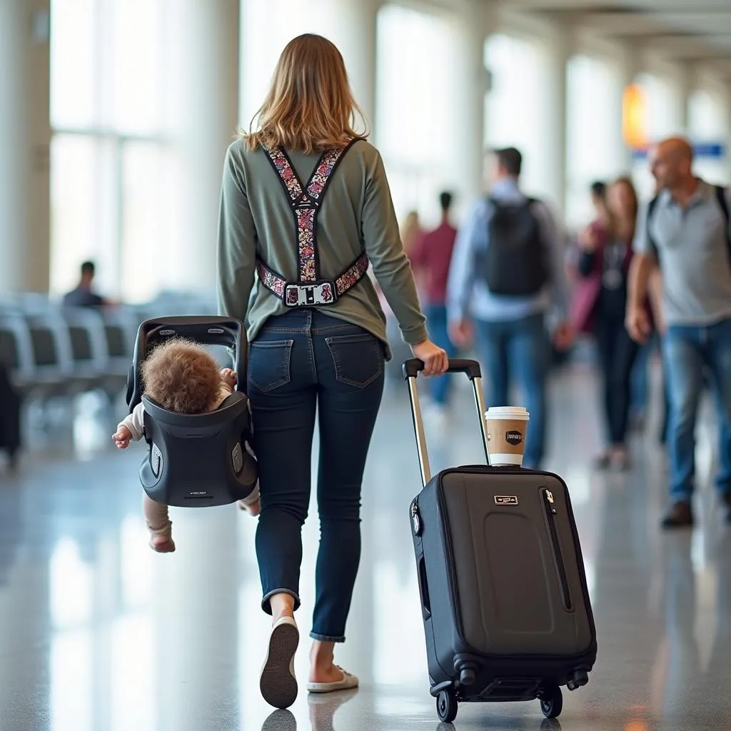 Parent using a car seat carry strap at the airport