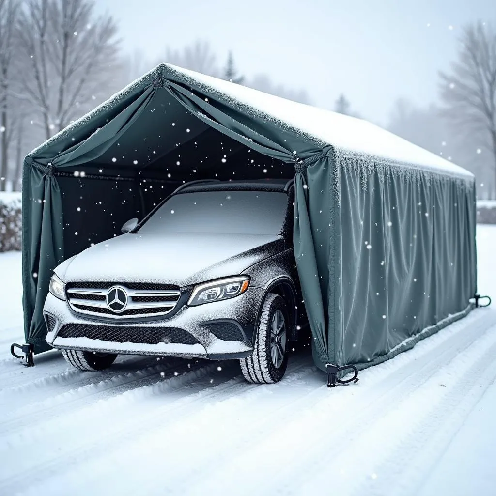 Car Shelter Protecting Vehicle from Snow in Winter