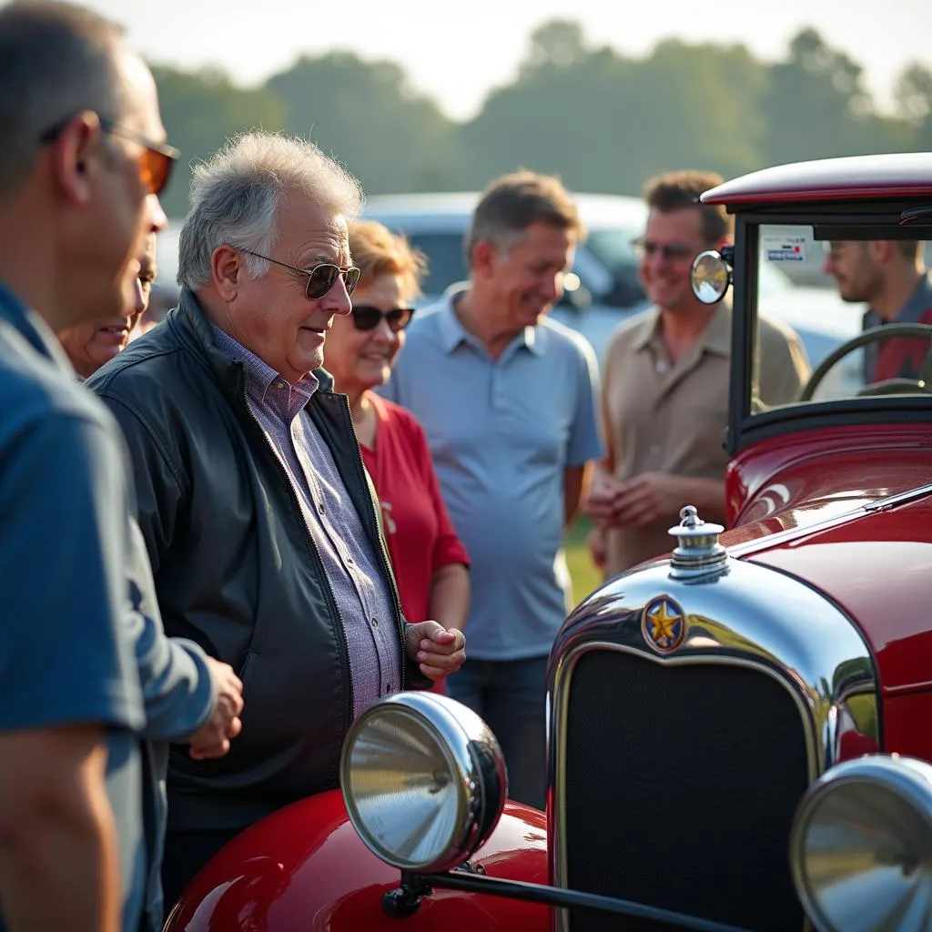 Visitors interacting with car owners at the car show