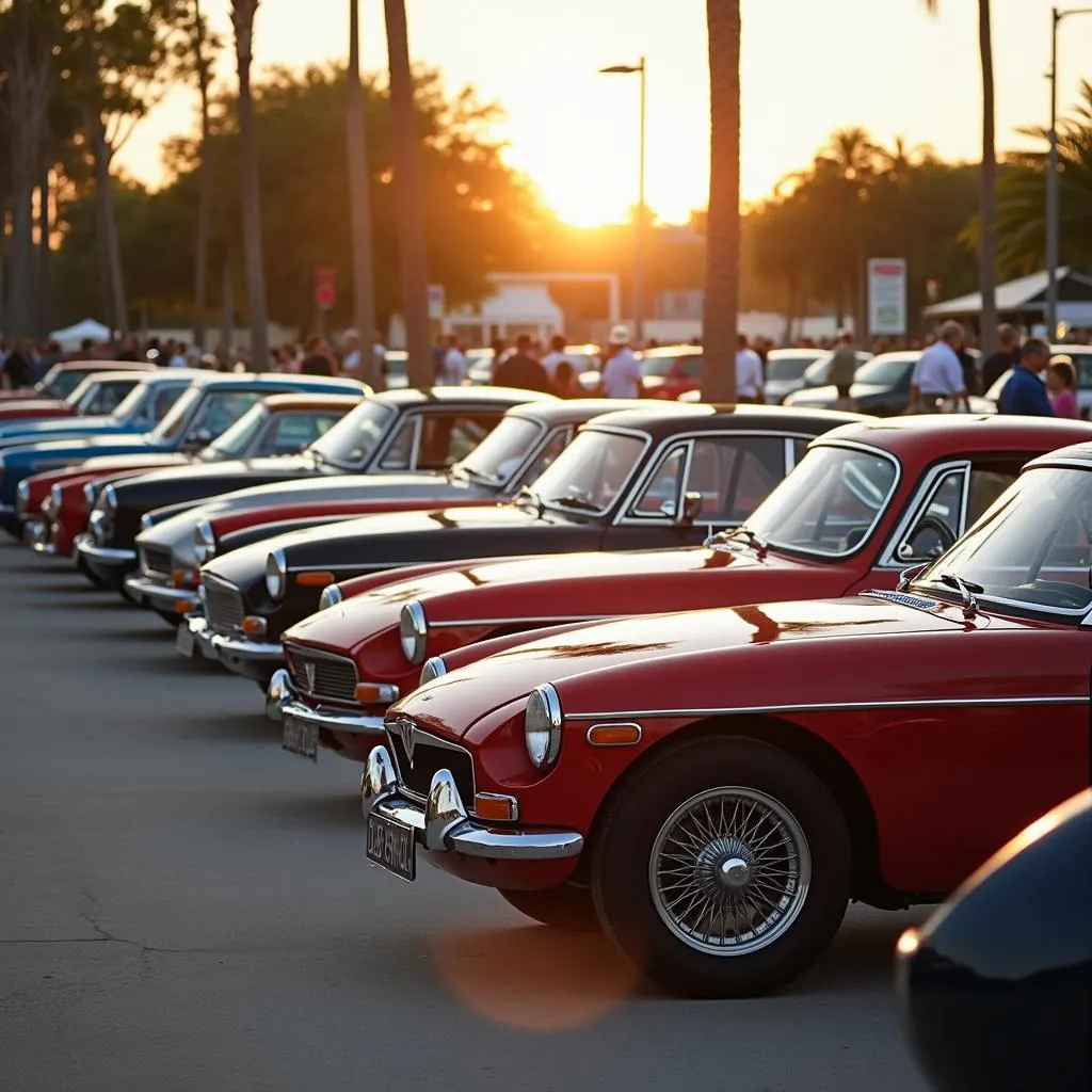 A classic car show in Venice, Florida, showcasing a collection of beautifully restored vintage vehicles.