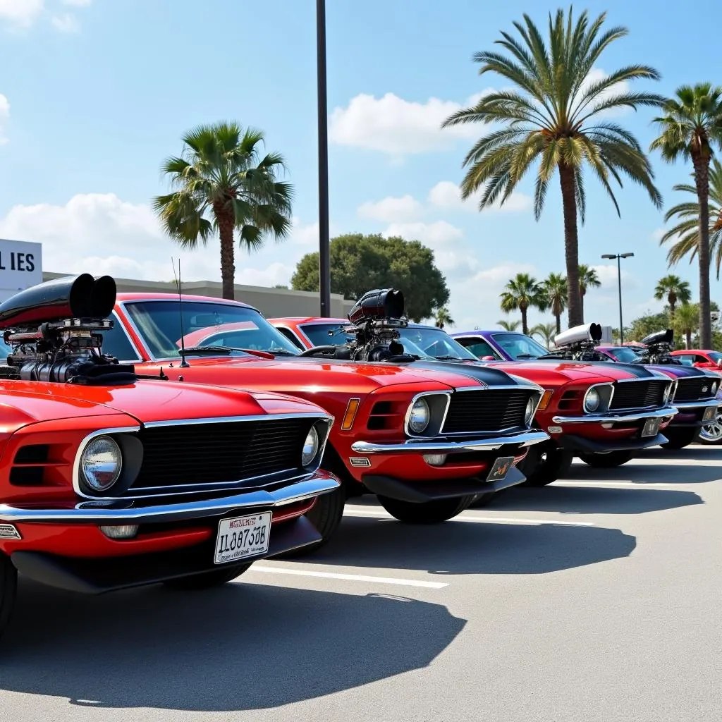 A muscle car show in Venice, Florida, featuring a lineup of powerful American muscle cars.