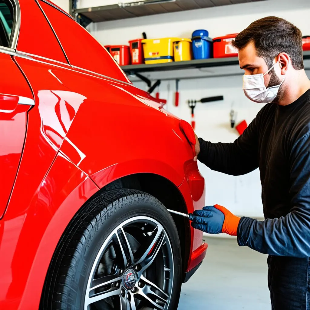 Man spray painting a car in a garage