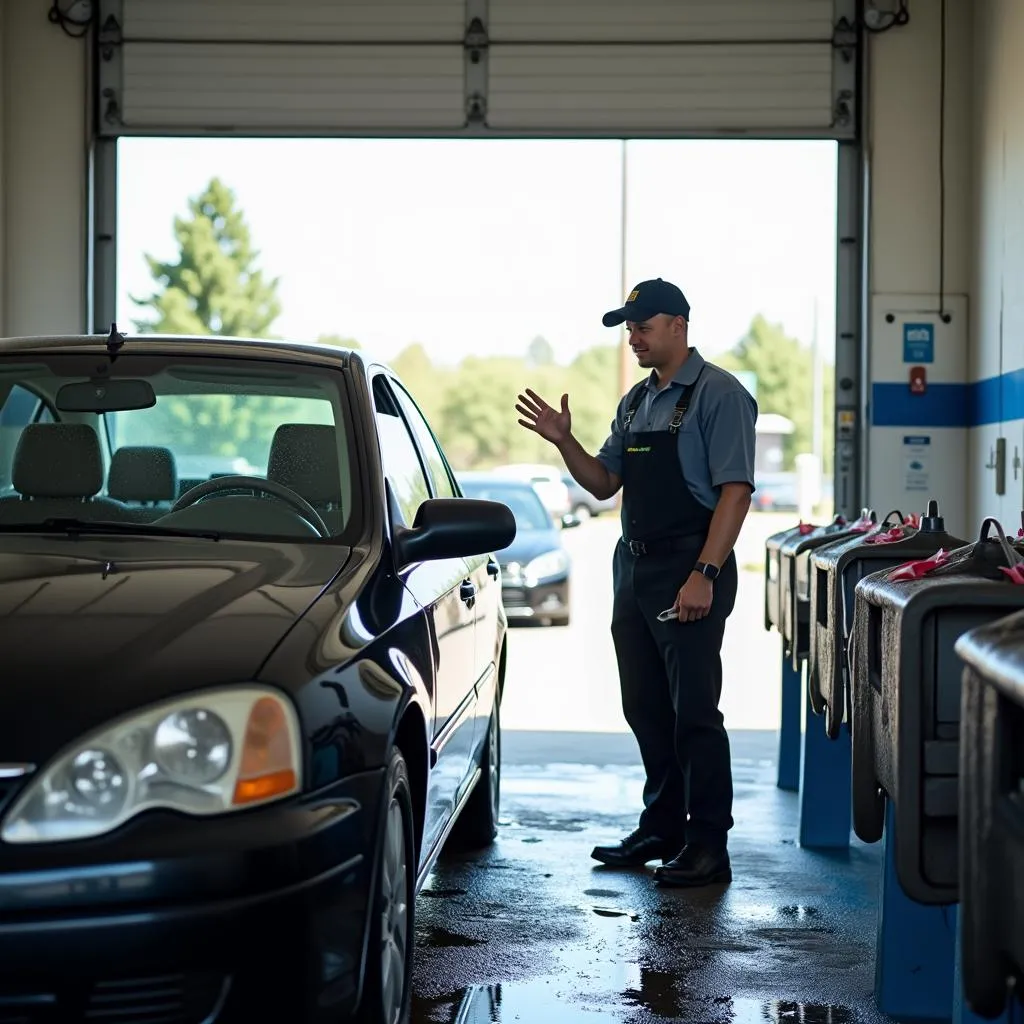 Car wash attendant guiding a driver into an inbay wash