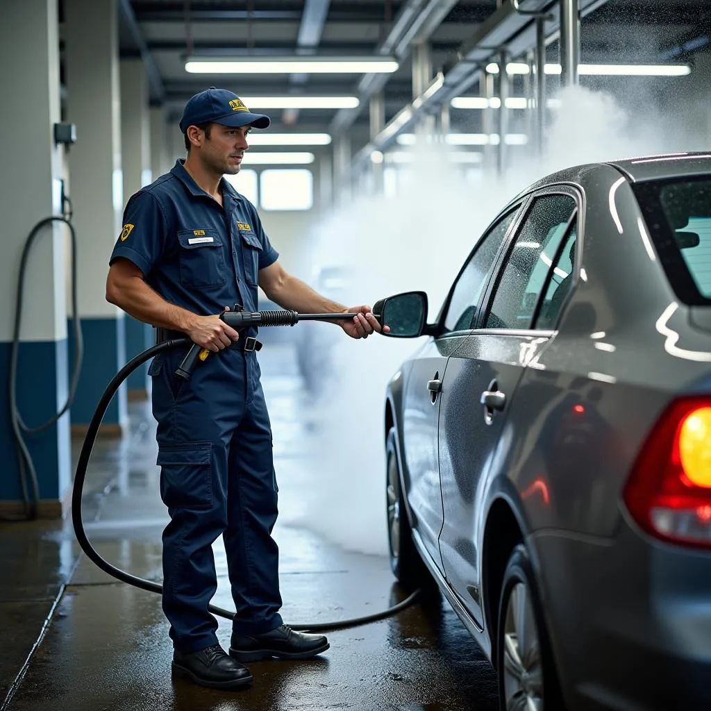 Car wash technician prepping a vehicle for washing