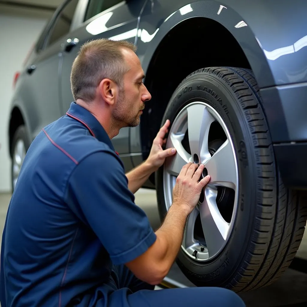 Mechanic checking wheel alignment