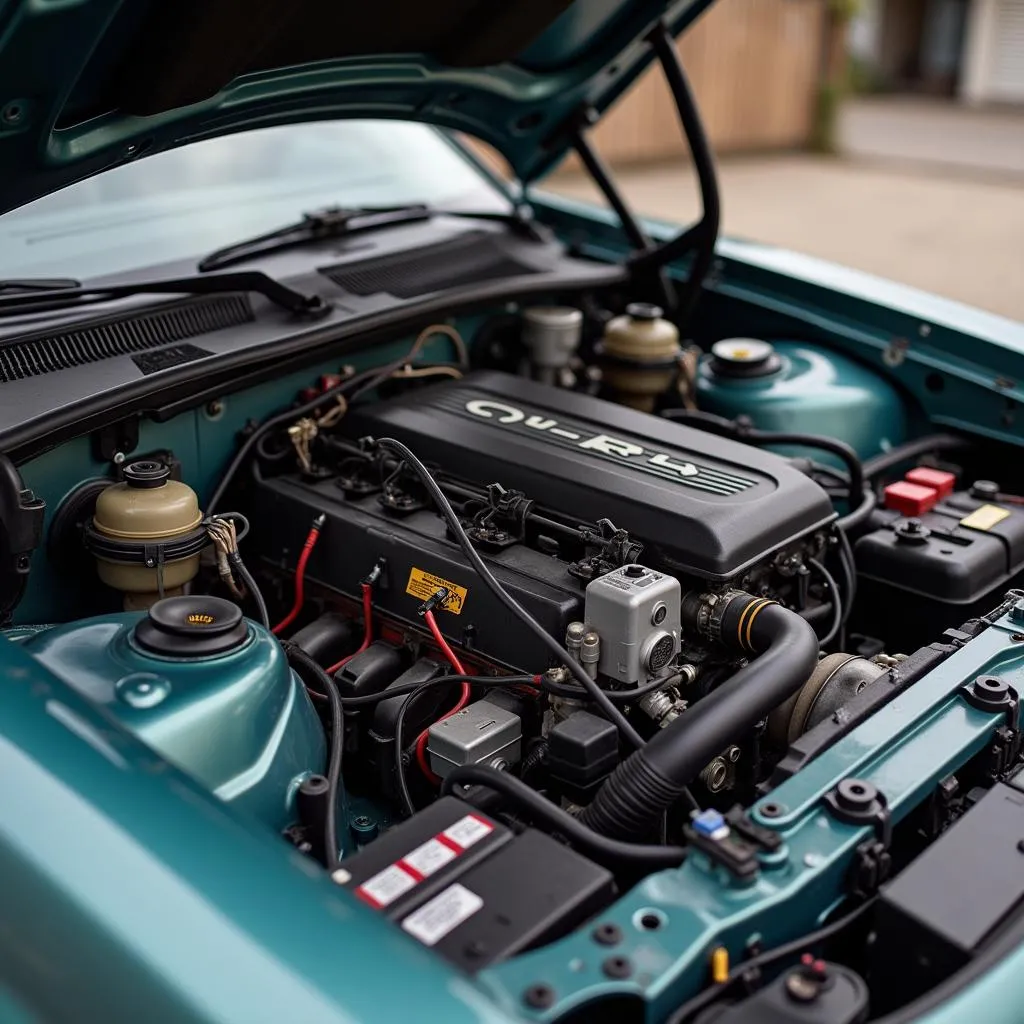 Car engine bay with visible wiring harness