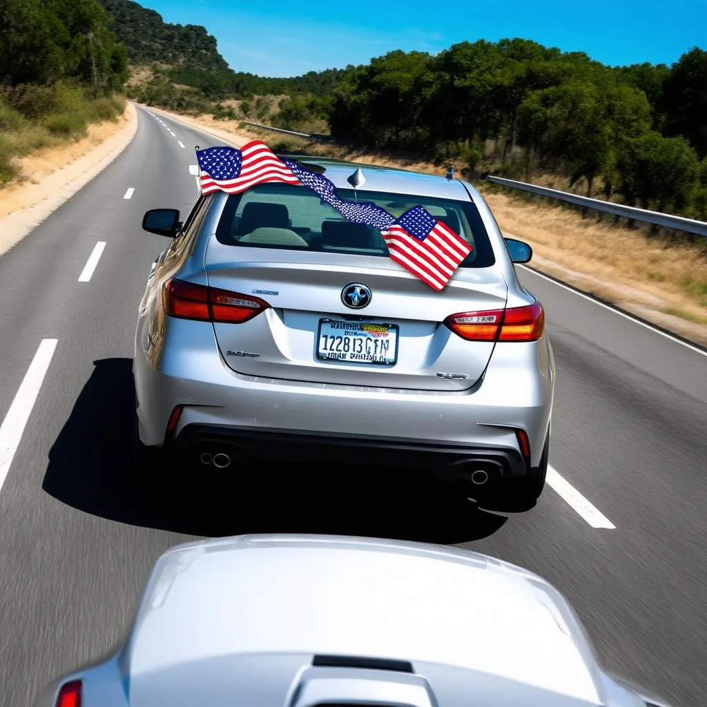 A silver sedan with a US flag attached to the trunk.