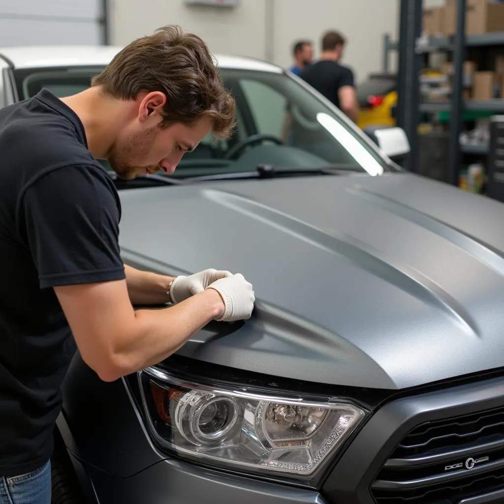 Car Wrap Installer Applying Vinyl