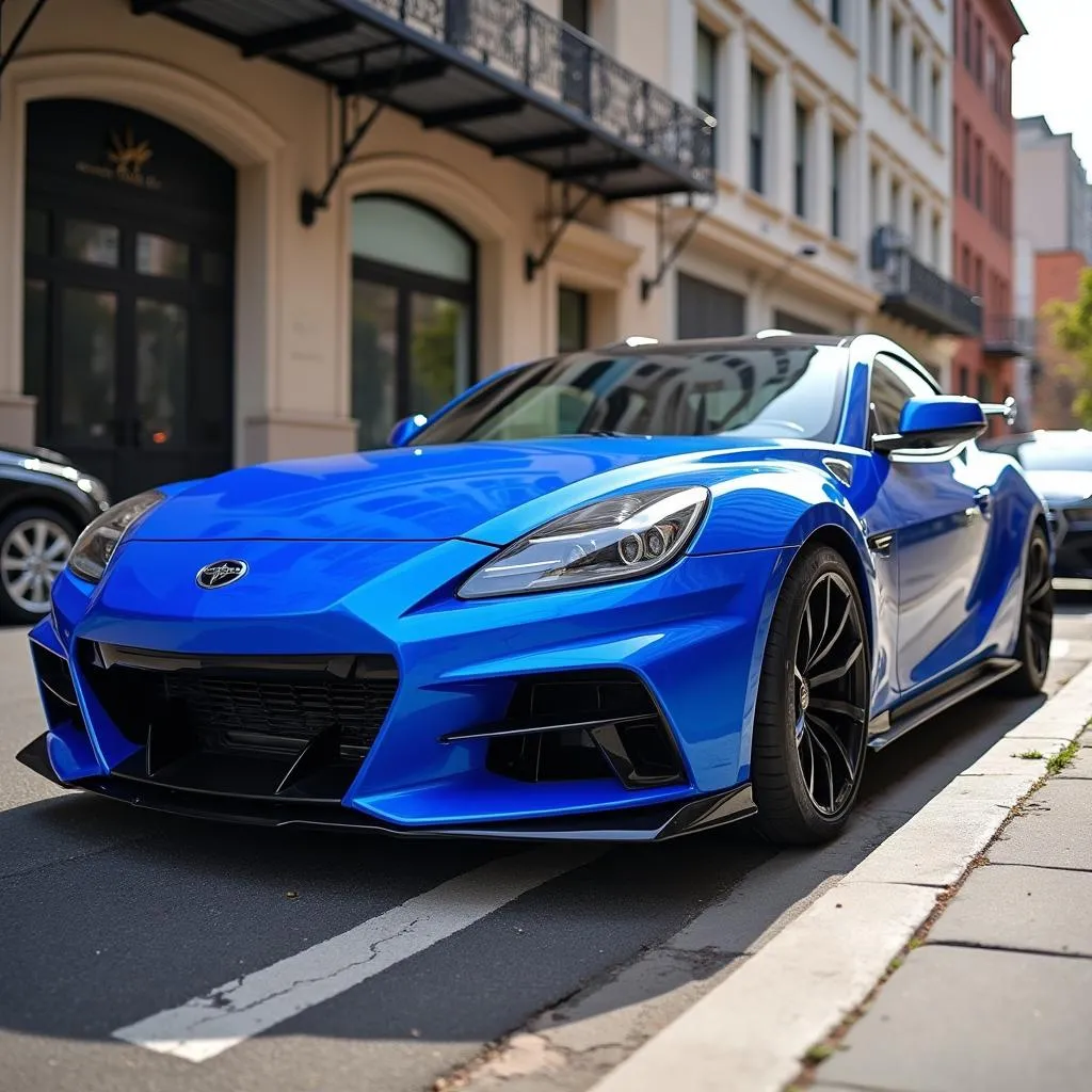 Electric blue car vinyl wrap on a sporty coupe.