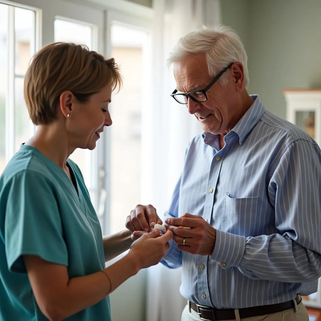 A caregiver patiently assists an elderly man with his medication 