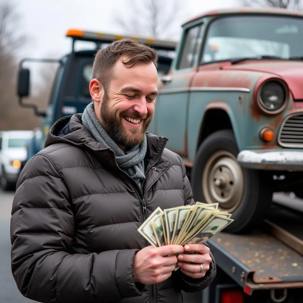 Man receiving cash for his junk car in Easton