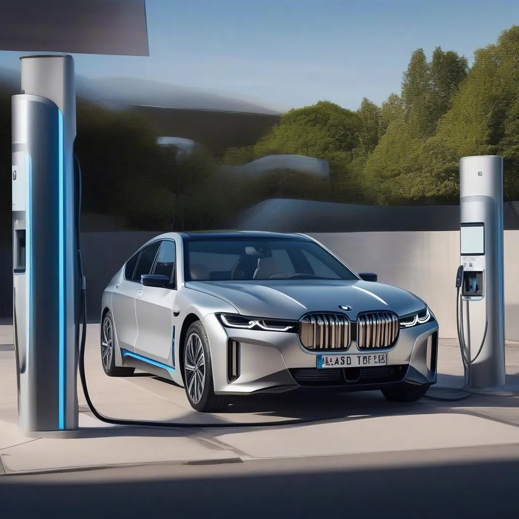 A BMW i7 plugged into a DC fast charger