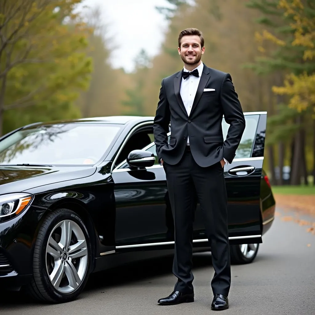 Chauffeur waiting by a car in Holly Springs