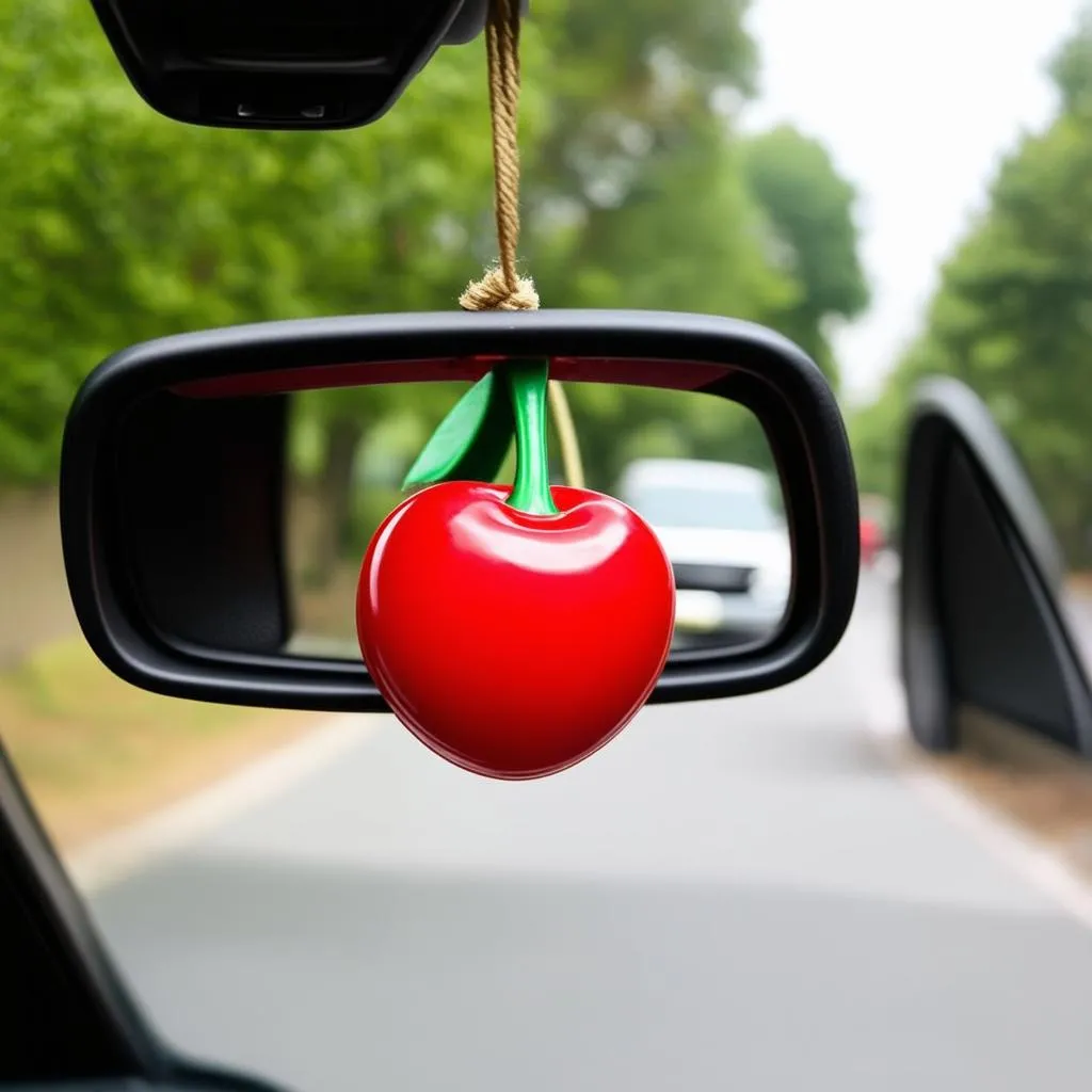 Cherry air freshener hanging on a rearview mirror