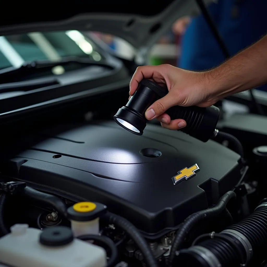 Mechanic Inspecting a Chevrolet Engine