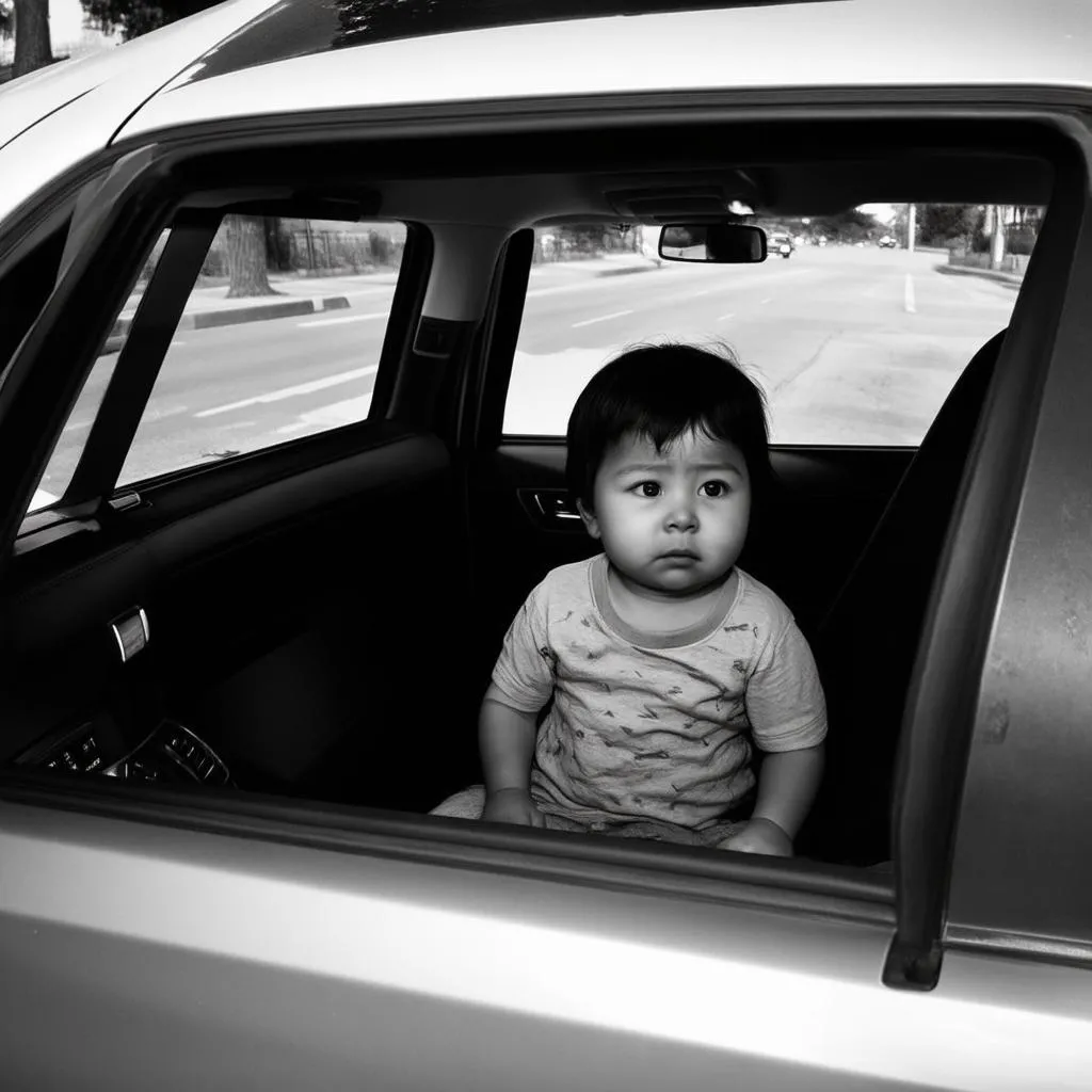 A child left alone in a parked car with the window slightly open.