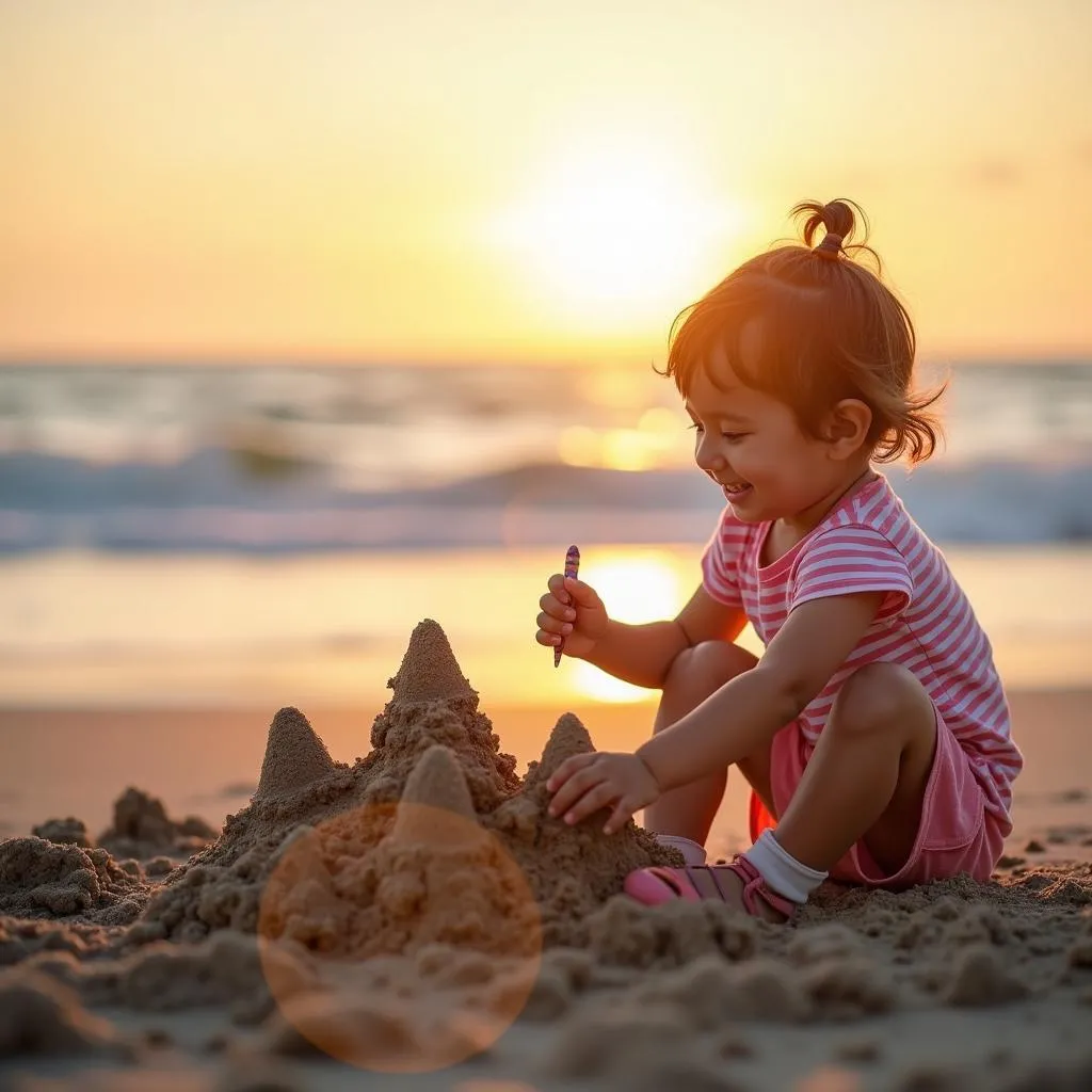 Child playing on the beach at sunset