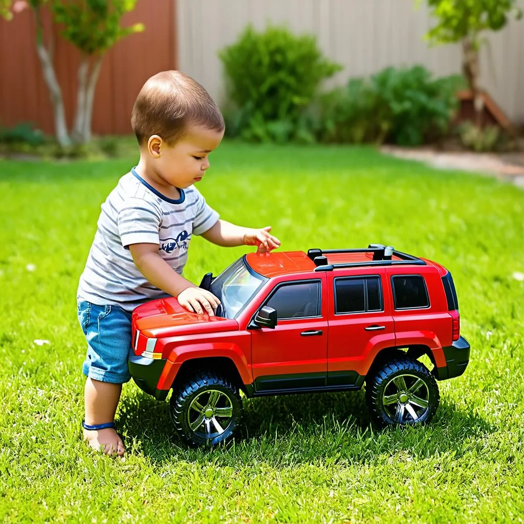 Child Playing with Toy Jeep