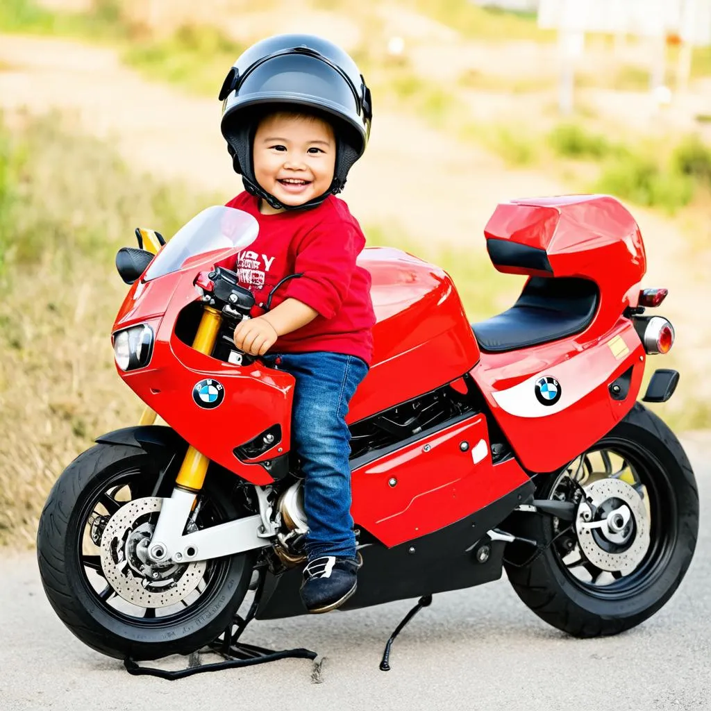 Child Wearing Helmet on BMW Motorcycle