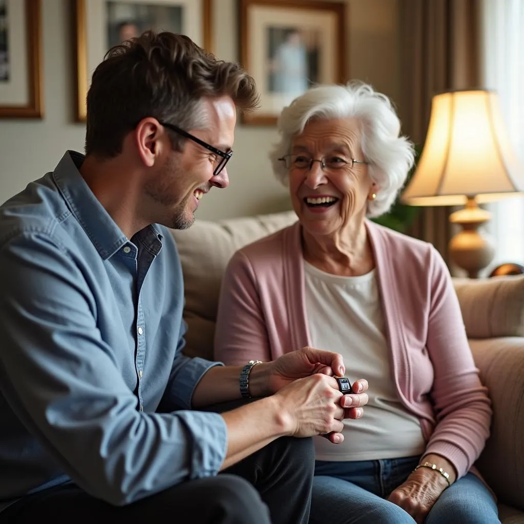 Christopher explaining medical alert system to senior woman