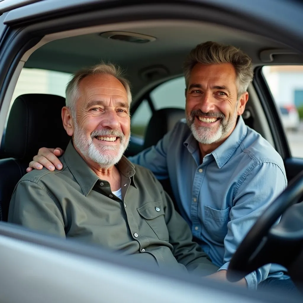 Christopher helping elderly man into car