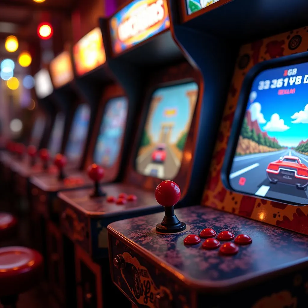 Classic car arcade game cabinet in a retro arcade setting