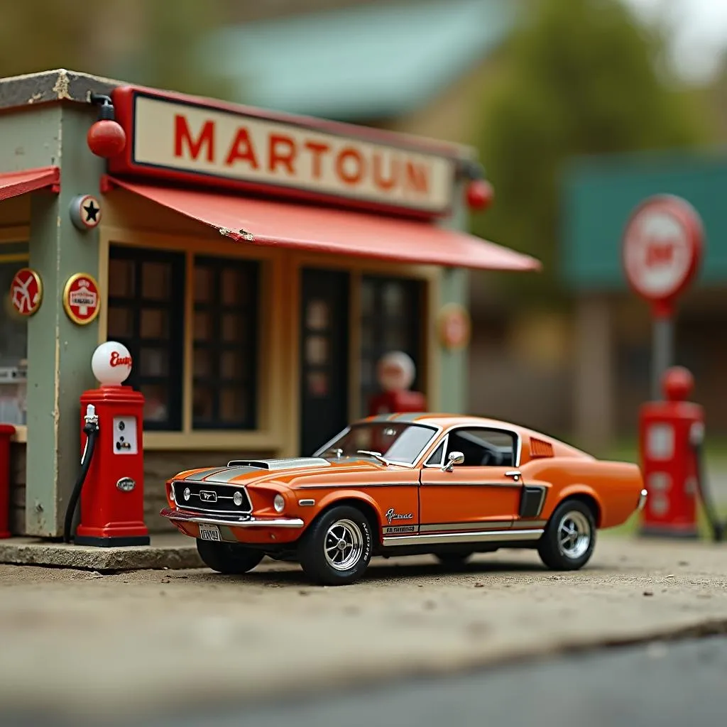 A detailed diorama featuring a classic car parked in front of a vintage gas station