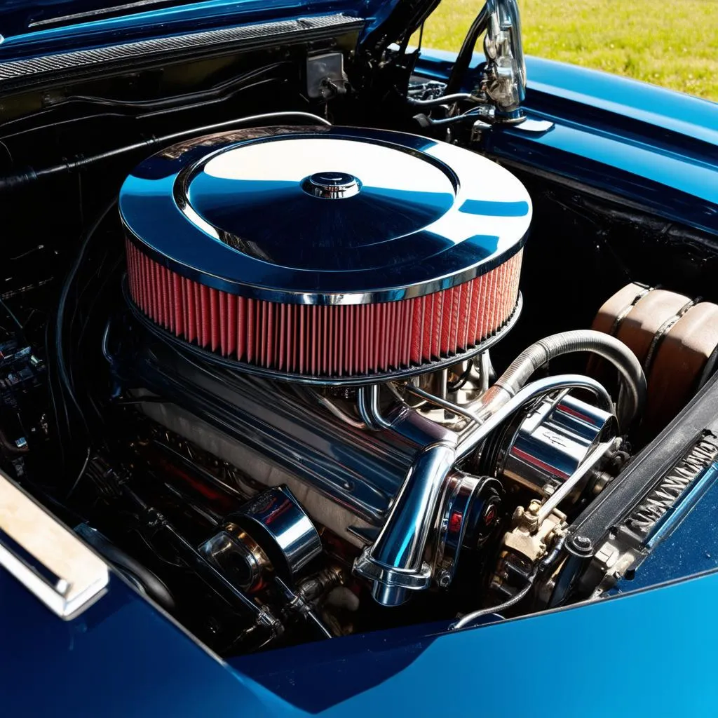 Close-up of a classic car engine at a car show